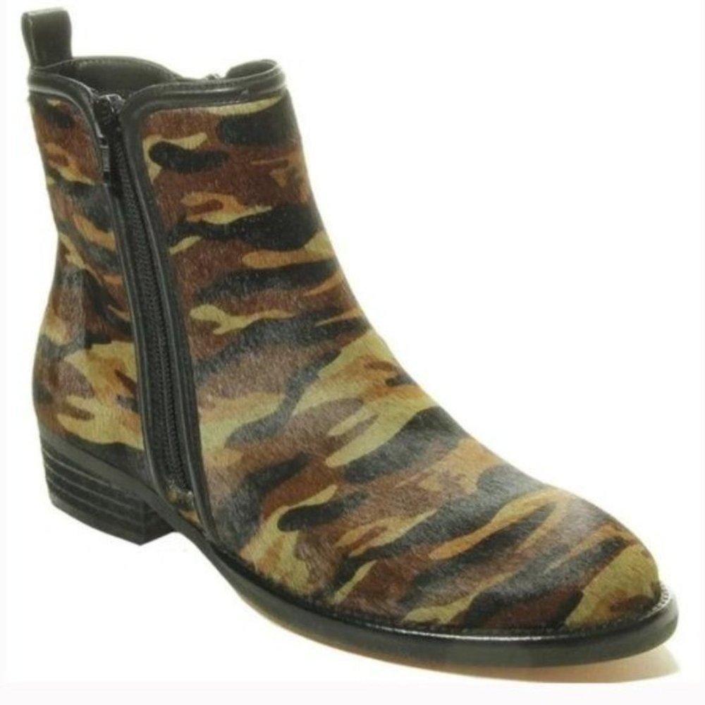 Vaneli Halima Calf Hair Booties in Green Camo